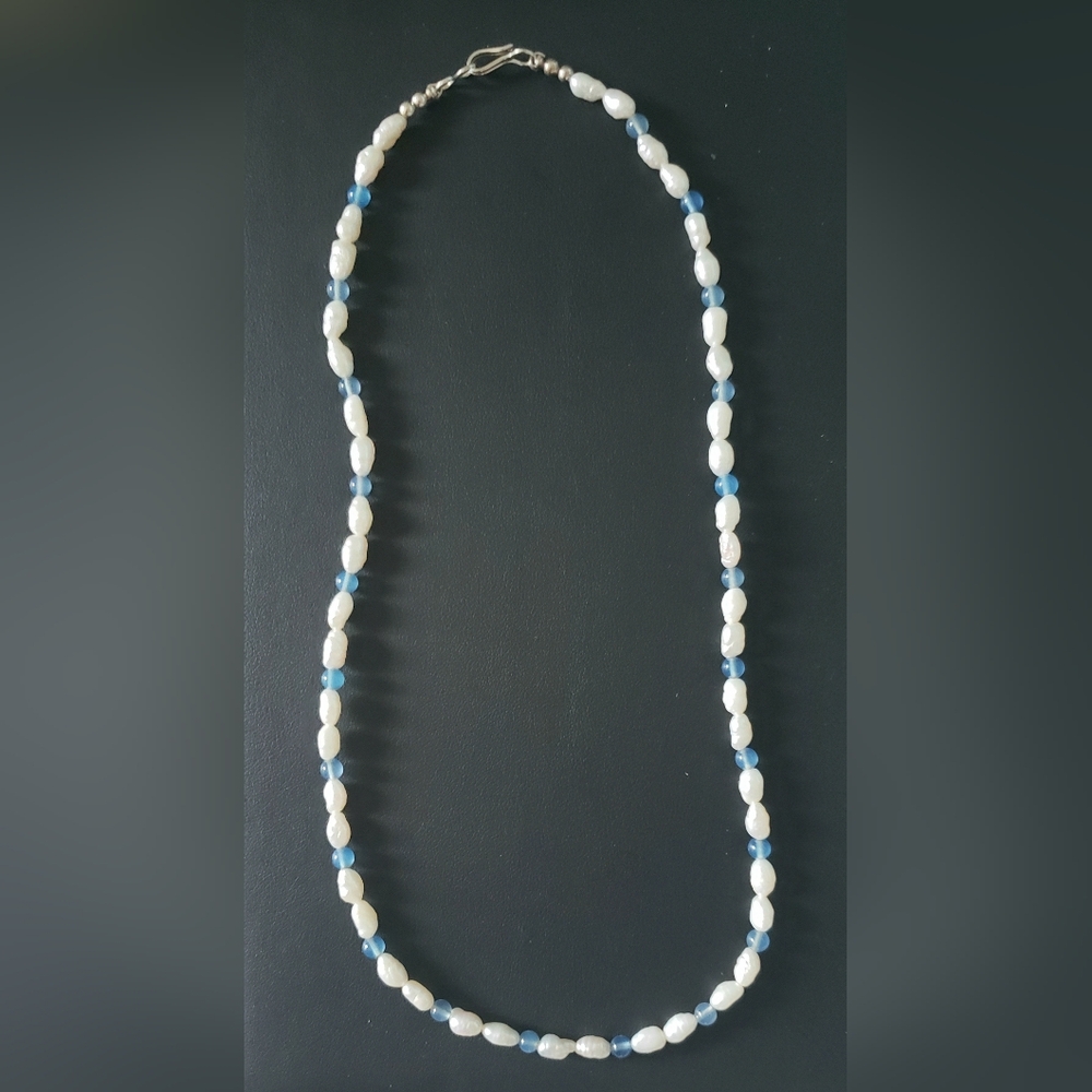 Pearls Sterling Silver And Blue Quartz 18"